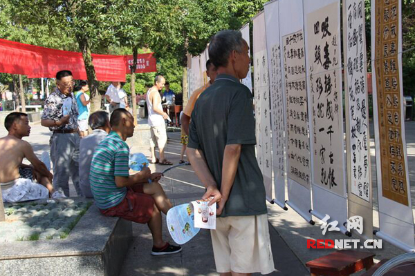 市民驻足观看禁毒宣传书画展