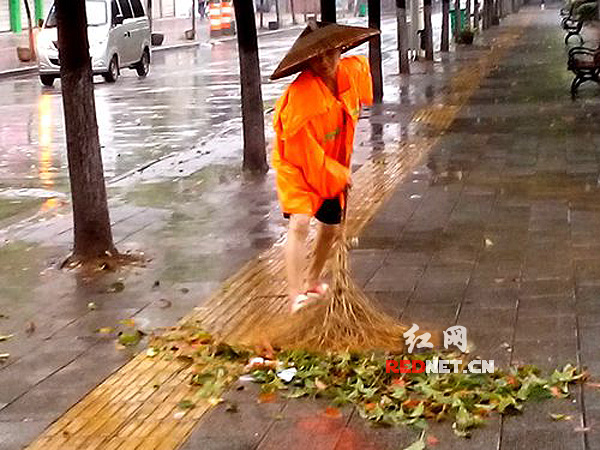 环卫工冒雨清扫树枝落叶