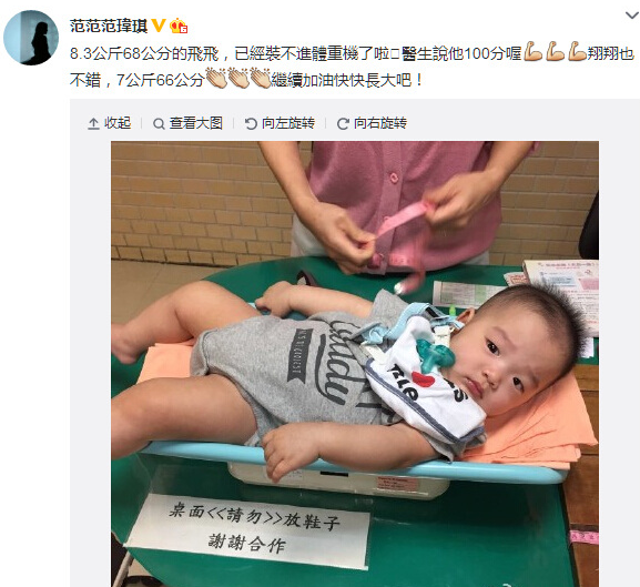 范玮琪为双胞胎儿子称体重飞飞8.3公斤(图)