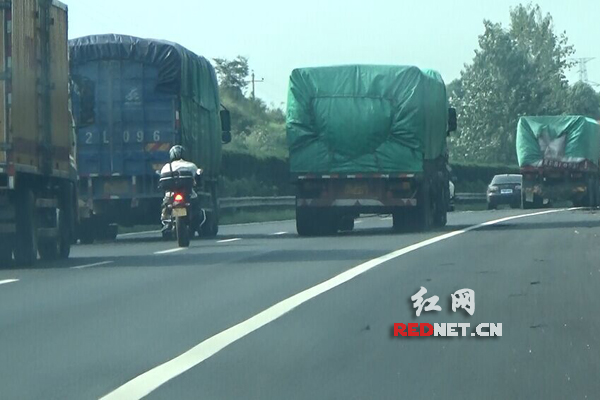 男子骑摩托车在高速公路超车道行驶