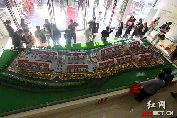市民在涟源市七星街镇洪源商贸城项目模型图处选购，该项目有望为当地群众提供一个更加安全舒适、管理规范的购物平台。