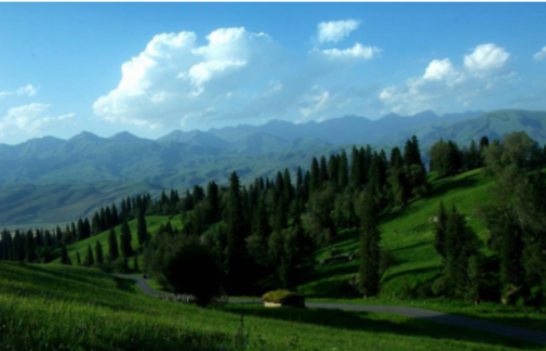 午后阳光，洒在草坡和牧民的屋顶上，公路就从身边流过。