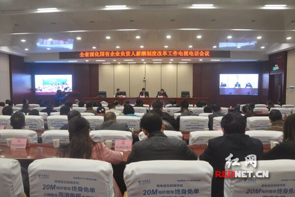湖南省深化国有企业负责人薪酬制度改革工作电视电话会议现场。