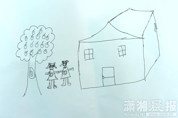 长沙市救助站,小多画的树,房子和人.图/潇湘晨报记者辜鹏博