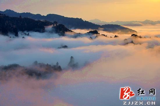 张家界武陵源天子山涌现雨后壮美云海景观