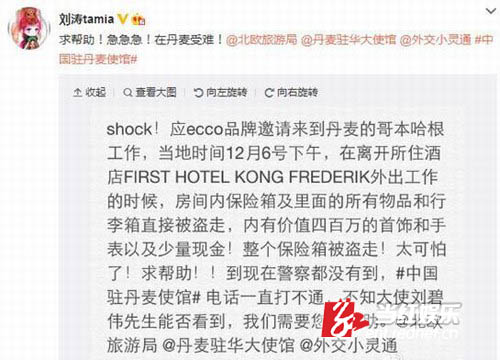 刘涛微博求助，称在丹麦被盗引发众多“粉丝”关心。