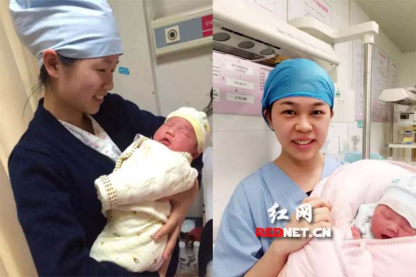 湖南省妇幼保健院产房朱淳与她接生的“元旦宝宝”（于2016年1月1日00:00分娩）合影（左图）。凌晨两点半，中南大学湘雅二医院迎来了本院第一个新年宝宝的诞生。图为医护人员与新年宝宝的合影（右图）。