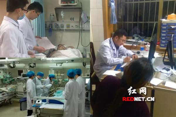 1月1日，在得知有一名从汨罗转来的急性心梗病人时，正在家中吃饭的湖南省人民医院心内科医生胡勇军立即赶到医院，会诊病人、准备急诊手术。时间就是生命，这样的奔跑胡勇军说已经“多得数不清了”（左上图）；12月31日晚，中南大学湘雅二医院重症医学科何智辉副教授带领医护人员查看危重患者（左下图）；0点12分，中南大学湘雅二医院急诊科詹俊鲲医生正接诊一位发热查因患者（右图）。