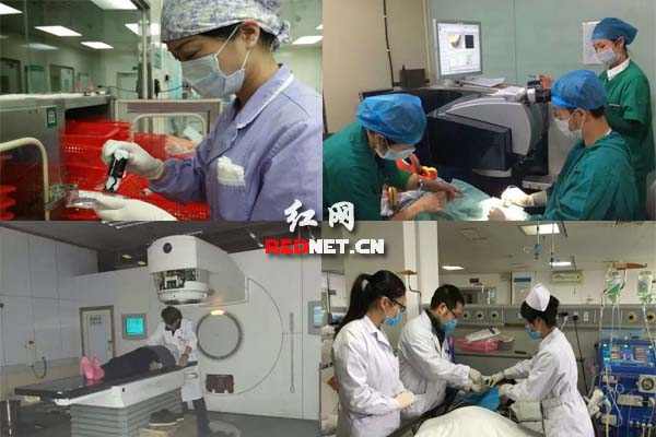 凌晨5点，中南大学湘雅三医院静脉药物调配中心的工作人员已经开始工作，经过药师审方，工作人员撕签，排药，贴签，核对，药品调配，成品复核，分筐扫描，装箱，每个环节都严格查对，调配区域处于层流100级，环环相扣，从而保证病人用药安全（左上图）；新年第一天，湖南省人民医院眼视光中心的医务人员和平常一样正常工作，正常手术，并没有节假日，只因他们服务的患者多是只有节假日才有时间来做手术的学生。节假日经常从早上7点开始工作到晚上八九点才结束，他们没有任何怨言，只有默默付出（右上图）；跨年夜，湖南省肿瘤医院放疗中心的放射治疗技师仍坚守岗位，认真仔细为患者进行放射治疗，一直工作到凌晨三四点（左下图）；1月1日上午9时，石门县人民医院血液透析中心全体工作人员都到岗，因为有48台透析等着他们，为病人保驾护航，不能松懈（右下图）。