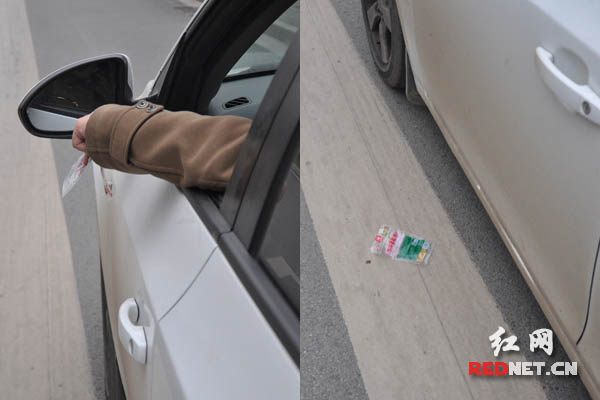 在长沙市云栖路边，一位车主随手将槟榔袋扔在路边。
