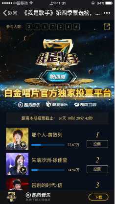 黄致列反超徐佳莹 《我是歌手4》冠军易主?