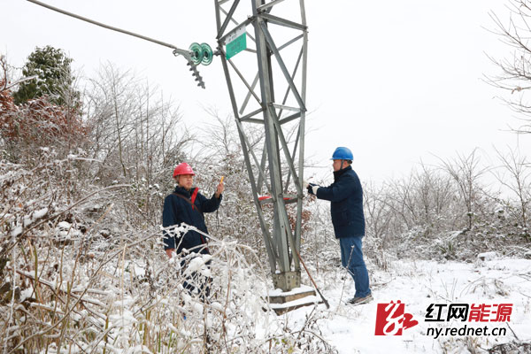 国网湘西供电公司检修公司输电运检室运检二班工作人员，在湘西州花垣县排料乡芷耳村防冻融冰监视哨，开展电网冰情定期监测工作。
