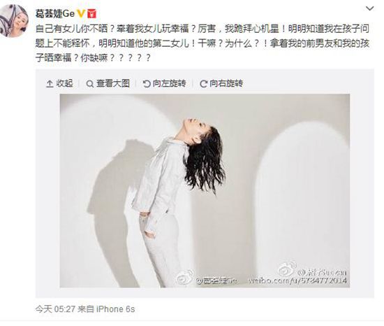 汪峰旧爱葛荟婕斥章子怡:拿我前男友和我孩子晒幸福