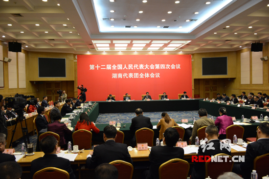 湖南代表团在驻地举行第三次全体会议，审议政府工作报告。全体会议向中外媒体开放。