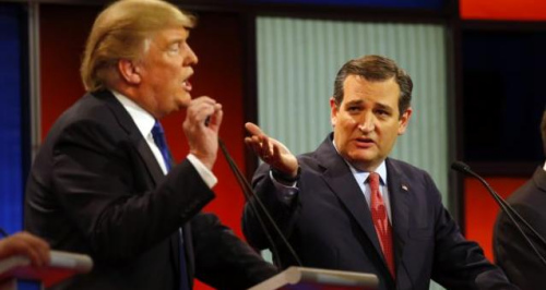 2016年3月3日，美国共和党总统候选人特朗普和参议员克鲁兹(右)在福克斯剧院辩论。