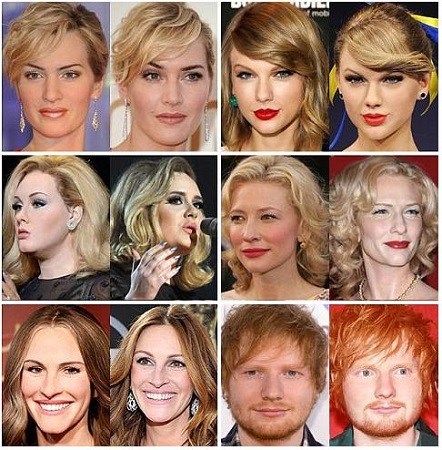 左边从上至下：凯特·温斯莱特、阿黛尔、茱莉亚·罗伯茨、泰勒·斯威夫特、凯特·布兰切特、艾德·希兰