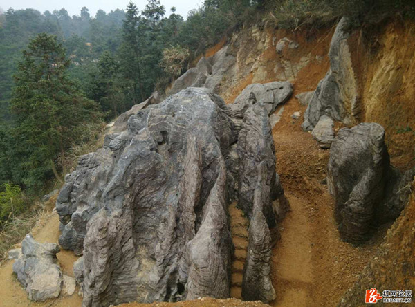 裸露出来的石头造型各异，石山非常壮观。黄永国挖山的地方位于湘西州吉首市健身坡上面 （网友供图）　　　