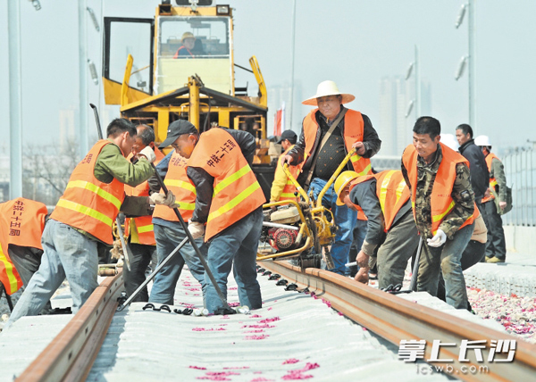 近日，长株潭城际铁路建设工地，工人们在铺轨。 长沙晚报记者 王志伟 摄