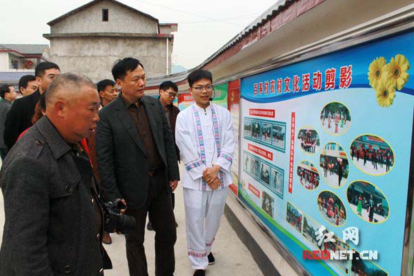 湖南省文化厅党组副书记、副厅长禹新荣（右二）观看百寿村文化墙。