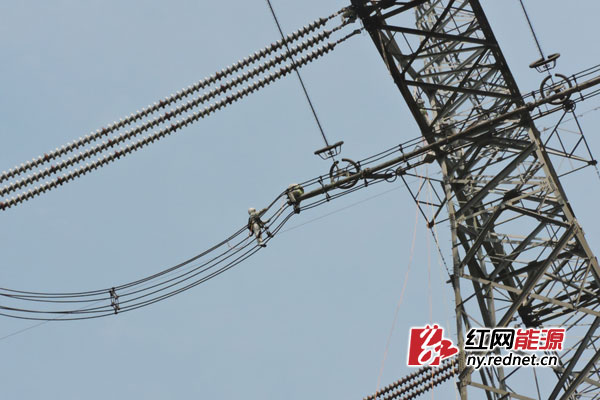 工作人员正沿耐张跳线进行串进入电位方法验证
