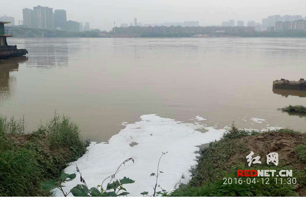 石峰大桥排污口漂浮白色泡沫（志愿者双面胶拍摄）