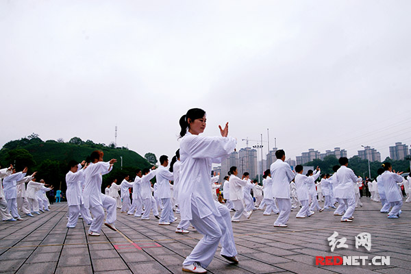 近400名太极拳爱好者在表演24式太极拳。