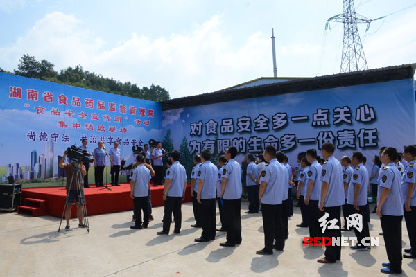 6月16日，湖南省食药监局今日在长沙县集中销毁180余吨来源不明冷冻肉品。