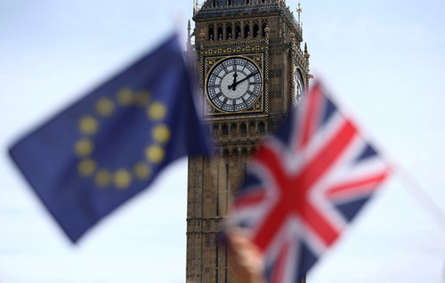 留欧支持者在活动中高举英国国旗和欧盟旗帜。