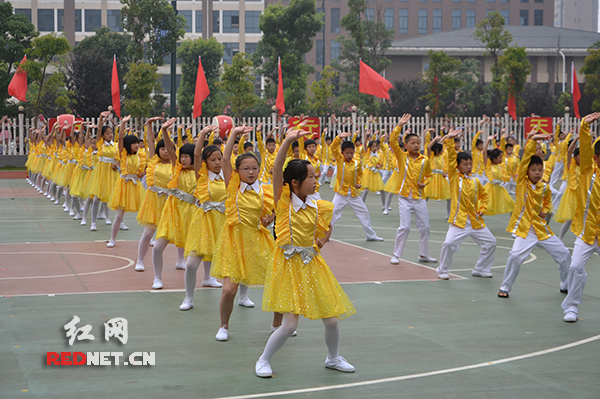 正在表演武术健身操的小学生。