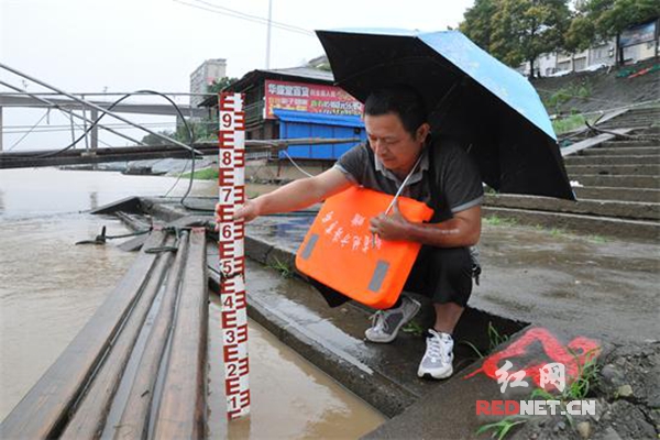 沅陵县水文局党支部书记唐圣玉到县城五强溪码头对水位进行实测。
