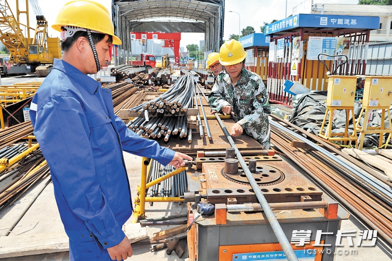 昨日上午，刚从名校走出的“90后”们顶着烈日在进行钢筋加工，不一会儿便汗流浃背。均为长沙晚报记者 王志伟 摄
