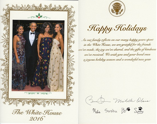 奥巴马任内最后一张圣诞卡：白宫第一狗也“签名”