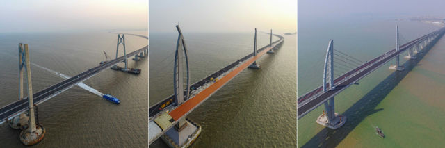 从左至右分别是港珠澳大桥位于青州航道的“中国结”桥塔、江海航道的海豚桥塔和九洲航道的风帆桥塔(4月28、29日摄)。
