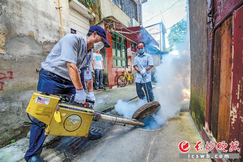 技术人员使用热烟雾机对准留泥井发射含有药水的“烟雾炮弹”消灭蟑螂。 长沙晚报记者 陈飞 摄