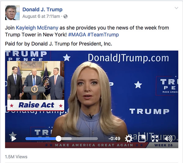 日前，美国总统特朗普在其脸谱（Facebook）页面上发布新闻视频栏目。