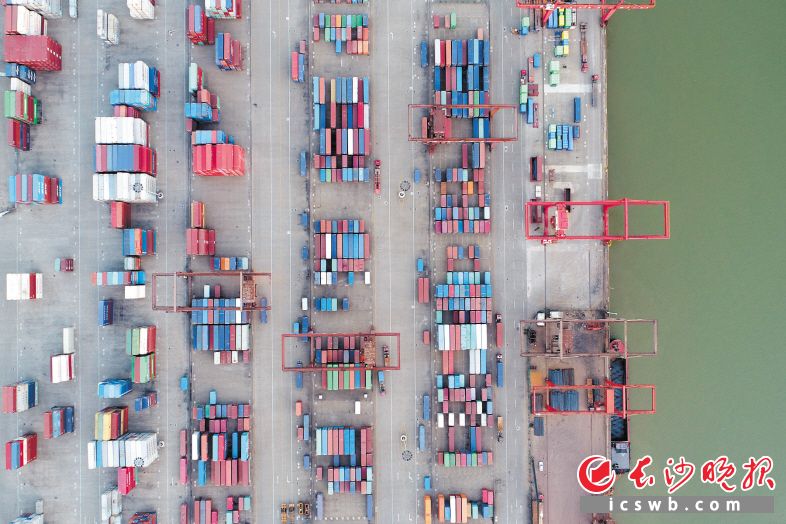 各类货物从长沙新港装船北上，顺着长江“黄金水道”一路达海，物流全球。今年前7个月，长沙新港货物吞吐量增长超四成。 长沙晚报记者 王志伟 摄