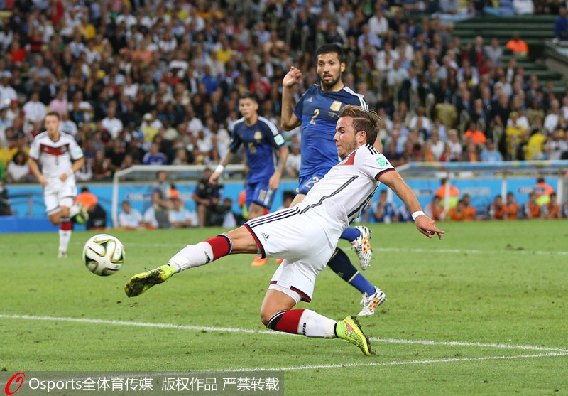 2014年巴西世界杯决赛，德国1:0胜根廷，格策绝杀。