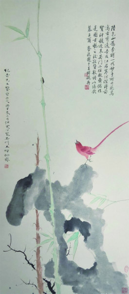 红雀新篁图（国画） 100×44厘米 1936年 江寒汀 中央美术学院美术馆藏