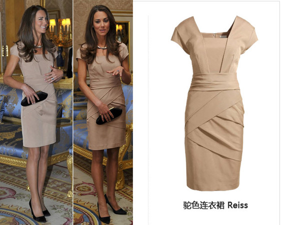 时尚连锁品牌reiss生产的骆驼色紧身连衣裙会见到访的奥巴马夫妇(the