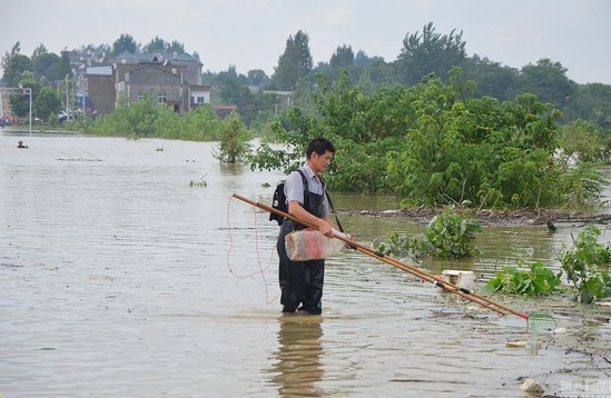 湖北天門遭遇暴雨 民眾省道上趟水摸魚